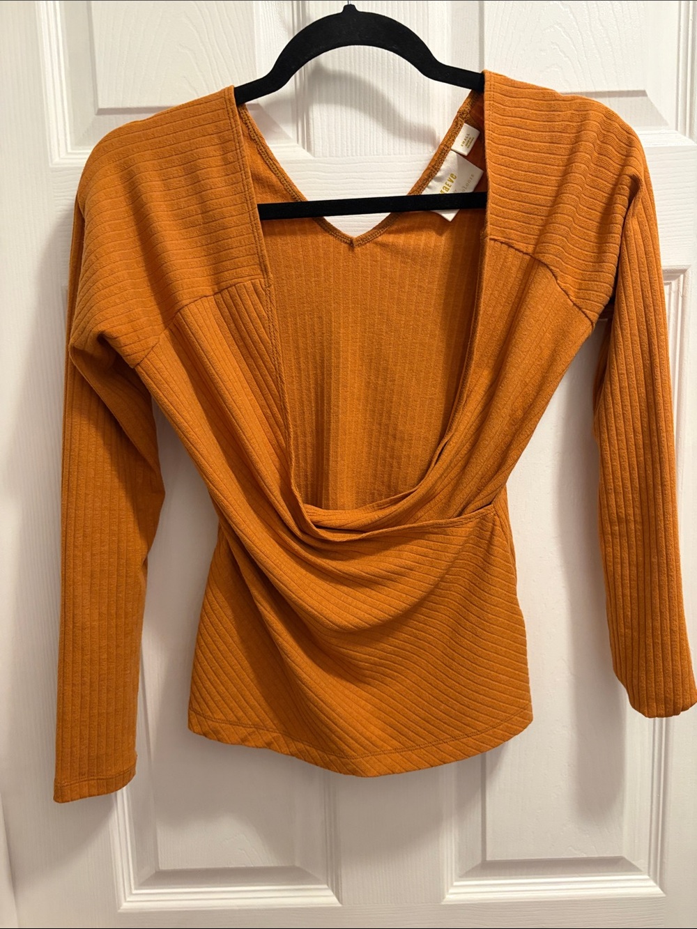 Maeve Ribbed Draped Long-Sleeve Top in Rust Orange